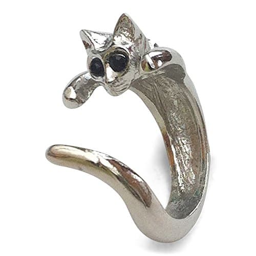 Silver Plated Wrap Round Cute Kitty Ring with Big Black Eyes