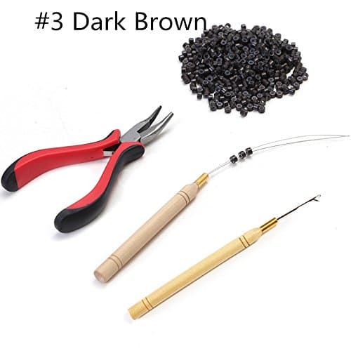 Hair Extension Remove Set Tool 1 Plier + 1 Pulling Hooks + Bead Device Tool Kits + 200pcs Micro Rings (#3 Dark Brown)