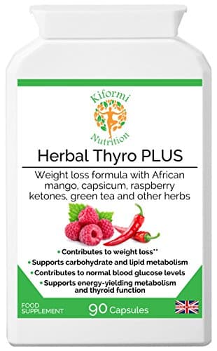 Herbal Thyro PLUS | weight loss formula | raspberry ketones, green tea, african mango, capsicum | contributes to normal blood glucose levels | vegan &amp; vegetarian |90 capsules| Made in the U