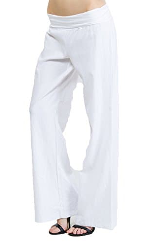Lovely Pair Inc Solid Foldover Linen Pants LT (Large, White)