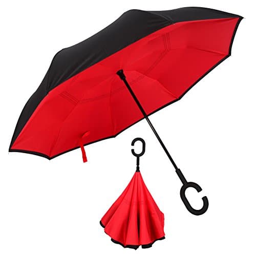 Ciamlir Double Layer Inverted Umbrella with C Handle Inside Out Creative Cars Reverse Umbrella 42(diameter)x31(length) inches (Red)