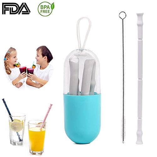 Lomire Silicone Reusable Collapsible Foldable Drinking Straw Folding Drinking Straws with Cleaning Brush and Case for Travel Camping Outdoor Household (Grey)
