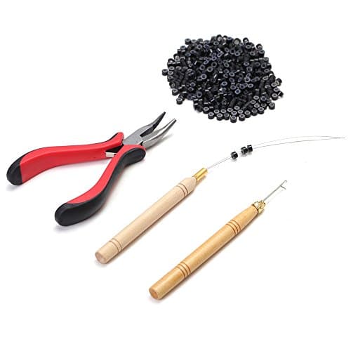 3 Pc Kit Hair Extension Tool for Micro Ring Link Hair and Feather Extensions:Pliers, Micro Pulling Needle, and Loop Threader With 500Pcs 5mm Micro Silicone Rings Beads (BLACK)