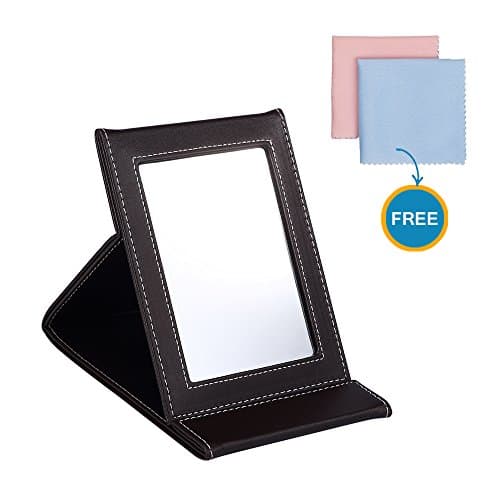 PU leather vanity mirror,Prosper Prospects Makeup Mirror Folding Tabletop Mirror Portable Travel Mirror with Adjustable Stand for Personal Use, Camping, Travelling, Emergency Signaling(Brown)