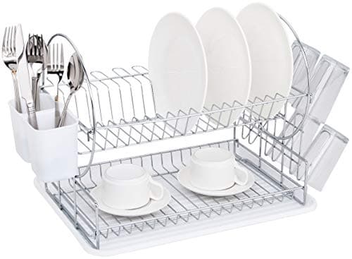 Deluxe 2-Tier Kitchen Counter Top Dish Drying Rack and Set With Cup and Cutlery Holder (Pure White)