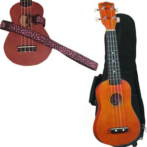 Brown Soprano Ukulele Pack w/Masterstraps Pink Leopard Strap
