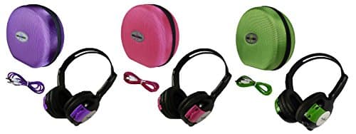 3 Pack Kid Sized Wireless Infrared Universal Car DVD IR Automotive Colored Adjustable 2 Channel Headphones With Case and 3.5mm Auxiliary Cord
