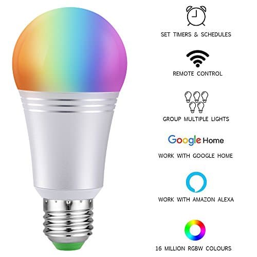 Smart Led Light Bulb, WiFi Smart Bulbs 6000K Dimmable Colored Smartphone Controlled Daylight White Night Light, No Hub Required, Works with Amazon Echo Alexa Google Home E26 A19