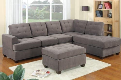 3 Piece Modern Reversible Grey Sectional Sofa Couch with Ottoman - Grey Living Room Set