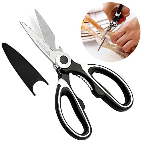Kitchen Scissors - Heavy Duty Kitchen Shears and Multifunction Scissors for Cutting Chicken, Poultry, Fish, Meat, Vegetables, and BBQ's - Black By FORHOMER