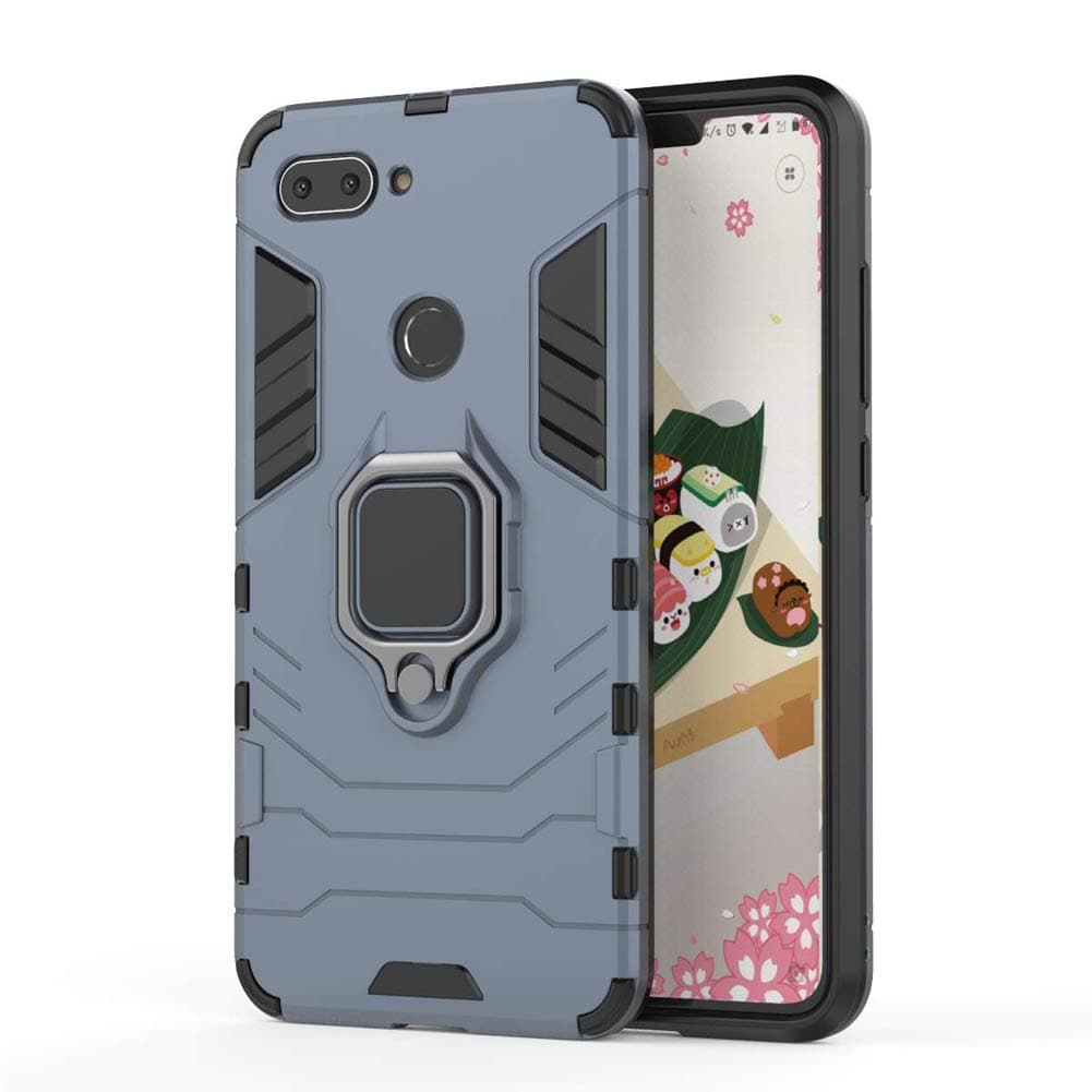 Xiaomi Mi 8 Lite Case, [2.0 Upgraded Version] Tough PC + TPU Soft Silicone Dual Layer Heavy Duty Armor Bumper Protective Cover Ring Kickstand [Plate for Magnetic Car Mount][Blue]