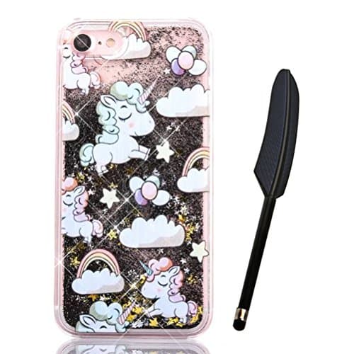 iPhone 7 Glitter Case, iPhone 7 Liquid Case, Cute Lovely Cartoon Unicorn Rainbow Cloud Balloon Design, Edaroo Stars Black Quicksand Moving Luxury Bling Glitter Floating Dynamic Flowing Transparent Hard Case Cover for 4.7 inch iPhone 7 with Free Stylus