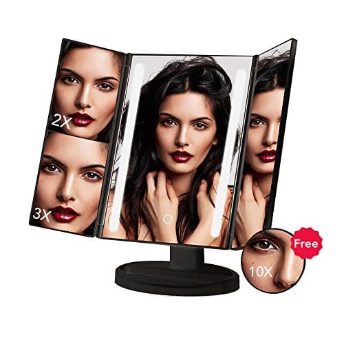 Makeup Vanity Mirror with 24 LED Lights,Tri-Fold Vanity Mirror, 3X 2X 1X Magnification mirror with Touch Screen and Removable 10X Magnification Spot Mirror,Dual Power Supply (Black)