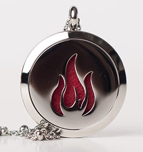 Fire Pendant - Aromatherapy Necklace - Fivefold Fox Elements Series - Essential Oil Diffuser 30mm - Openwork Stainless Steel Locket with 24 inch beaded chain - Eight colored felt pads included