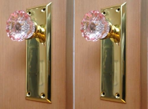Two Surface Mount Pink Dummy Knobs. Replica 1900‘s Depression Crystal Knob color-coated on the sides and reflects to the center. Includes installation hardware
