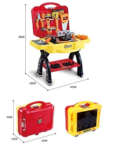 2-in-1 Toy Tool Set Worktable Kids Workshop Construction Workshop folded to be Sturdy portable toolset storage case.