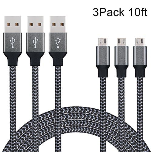 10ft Micro USB Cable, Roderick Extra Long Nylon Braided Micro USB Cable USB Micro Charging Cord for Android Smartphones, Tablets, MP3 and More (Carbon Black)