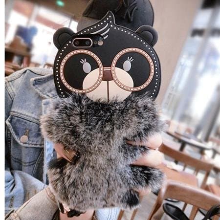 iPhone 8 Plus/7 Plus Silicone Case (5.5 inch) Soft Crystal Matte Teddy Bear with Genuine Warm Fluffy Handmade Fur for Apple iPhone 8 Plus/7 Plus (Black)