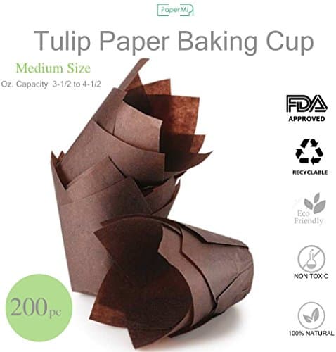 Brown Tulip Cupcake Liners, Medium Size Paper Muffins Baking Cups, Tulip Cupcake Wrappers Providing a Beautiful Display, Natural &amp; FDA Approved, Oz. Capacity: 3.5 to 4.5, Bulk of 200pc