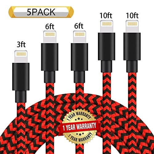 Ulimag Lightning Cable 5Pack 3FT 6FT 6FT 10FT 10FT Nylon Braided Certified iPhone Cable USB Cord Charging Charger for iPhone X, 8, 8 Plus, 7, 7 Plus, 6s, 6s Plus, 6, 6 Plus, SE, iPad (Black Red)
