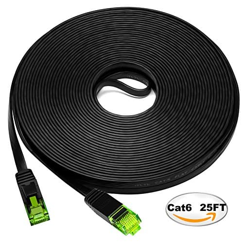 Cat6 Ethernet Cable 25ft Flat, iTLTL Network Cable Slim Internet Patch Lan Wire Pure Copper with Green Snagless RJ45 Connectors - 25 feet Black