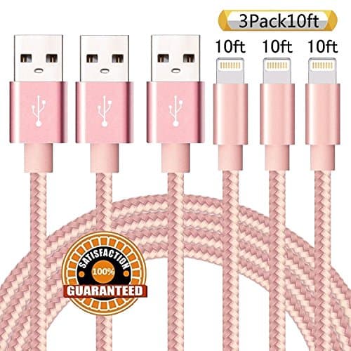 Suanna Lightning Cable 3PACK 10FT USB Syncing and Charging iPhone Cable Data Nylon Braided Cord Certified for iPhone X/8/7 Plus/6/6s/6+/5/5c/5s/SE/iPad/iPod Nano/iPod Touch (Pink)