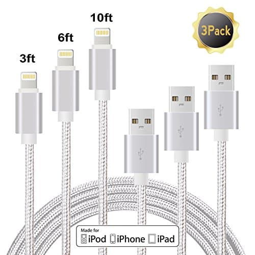 Lightning Cable Nylon Braided Sync and Charging Cable Fast charging Cable 3 pack [ 3 6 10ft] USB to Lightning Cord for Apple iPhone 7/7 Plus/6s plus/6s/6/ 6 plus/5s/5c/5/5 SE, iPad Mini air /iPod