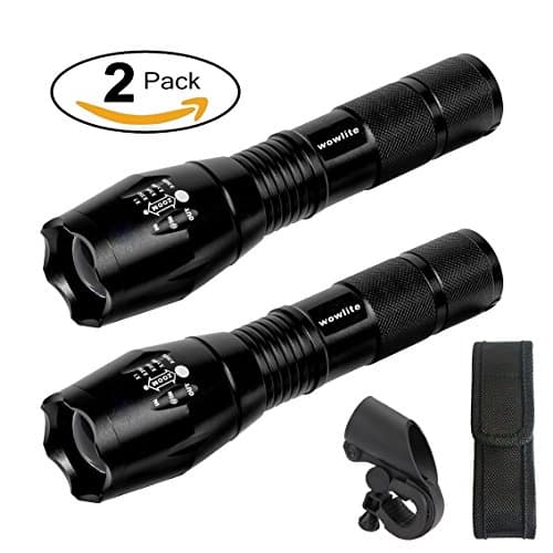 Tactical LED Flashlight [2 PACK] – Wowlite High Powered Handheld Light - Zoomable, 5 Modes, Water Resistant &amp; Shock Resistant, with Bike Mount, Belt Holster - Best for Camping, Security, Home