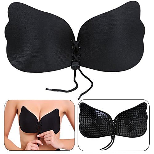 Reusable Strapless Bra Backless Invisible Self Adhesive Push Up Bra Silicone Cups with Drawstring for Wedding &amp; Prom Party Black A