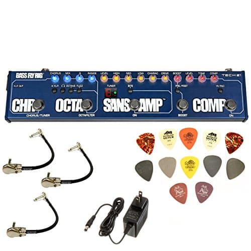 Tech 21 Bass Fly Rig Bass Multi-Effects Pedal Bundle w/3 MXR Patch Cables, Power Supply, and Dunlop PVP101 Pick Pack
