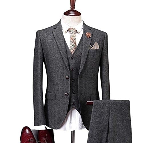 Solid Charcoal Classic Vintage Tweed Herringbone Wool Blend Tailored Men Suit 3 Pieces