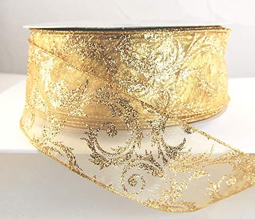 Wire Edged Eris Gold Glitter Sheer Scroll Christmas Ribbon 2 1/2" 50 Yards