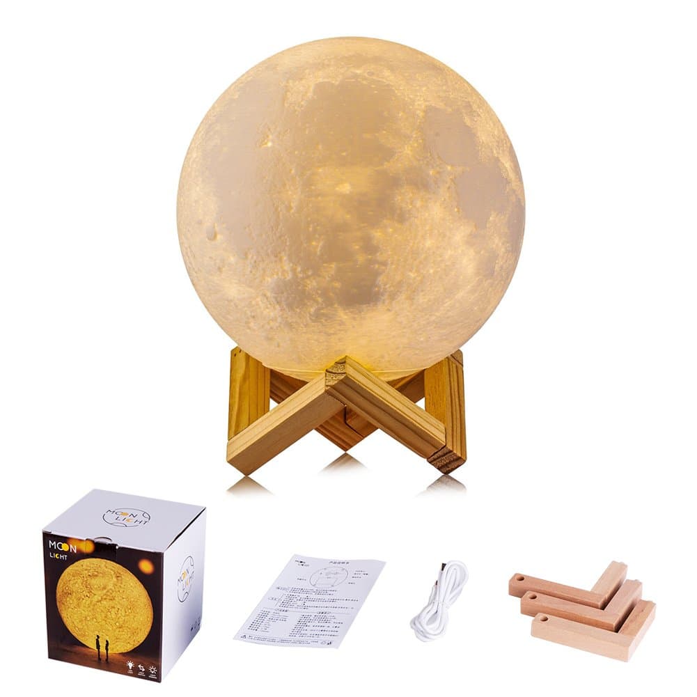 PACOOL Night Light 3D Moon Lamp Touch Control Brightness Two Tone, Micro USB Recharge Light PLDM Anti-Crushing Desk Decor Lunar Diameter 5.12 inch