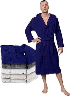 Bathrobe Men 100% Cotton OEKO-TEX® Certified - Premium Dressing Gown Mens Absorbent Towelling with Hood, 2 Pockets, Belt