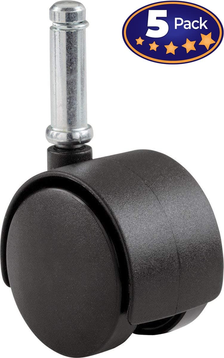 Twin-Wheel 2” Office Chair Caster 5 Pack Replacement Set. Universal Push-In Fit. High Strength 75lb-Capacity. Dual Style, Hooded Swivel Wheels. Stem: 1.4” Length, 7/16” Diameter with Grip Ring.