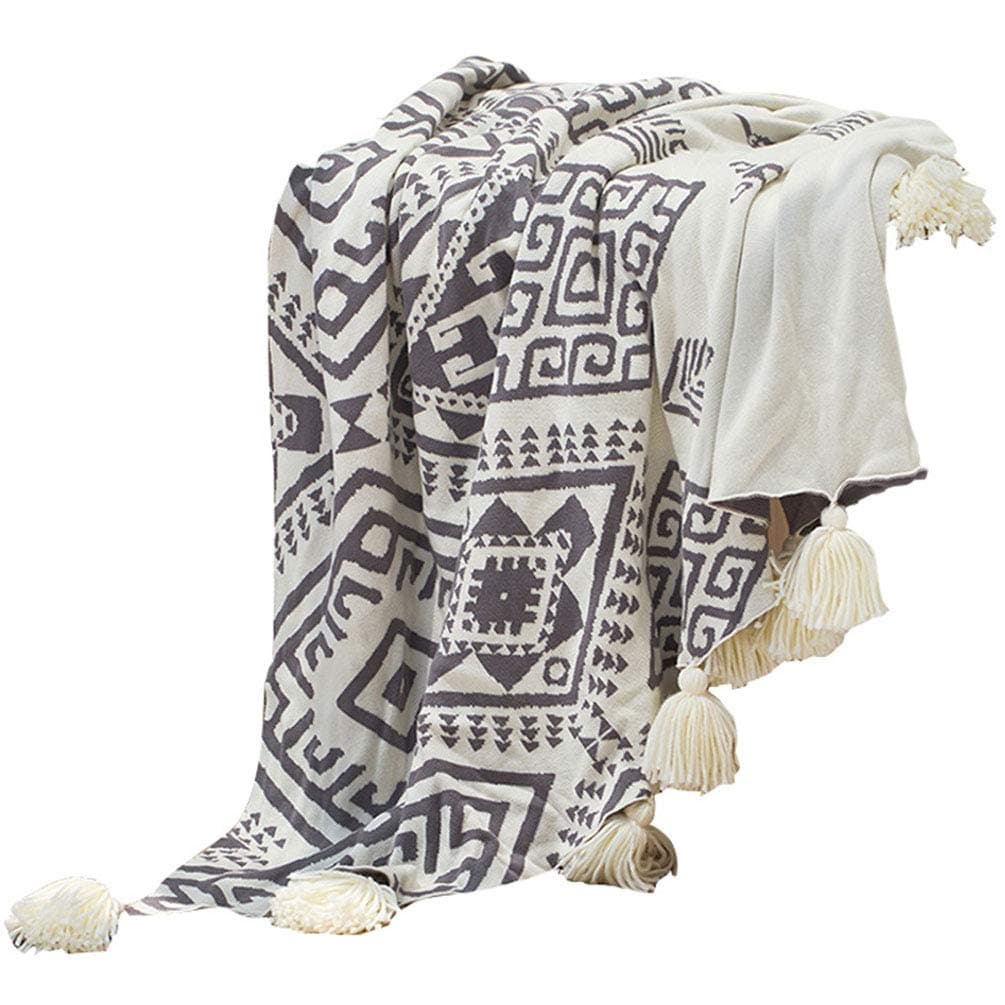 Geometric Patterns Cotton Soft Cable Knitted Throw Blanket with Pom Poms,Nap Blanket for Couch Chair And Bedroom, 51 X 71 Inch,white/grey