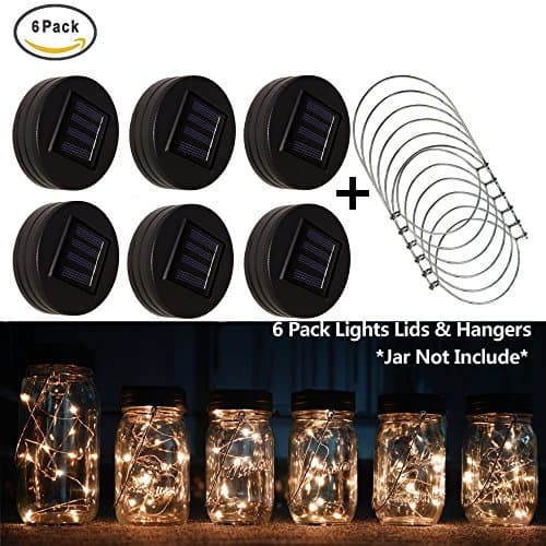 Mason Jar Decor Solar Lights,Starry Firefly String Lights,Watertight Solar Jar Lights Lids Best for Home Garden Decor (6 Pack 10-LED Warm White Light Lids&amp;Handles)