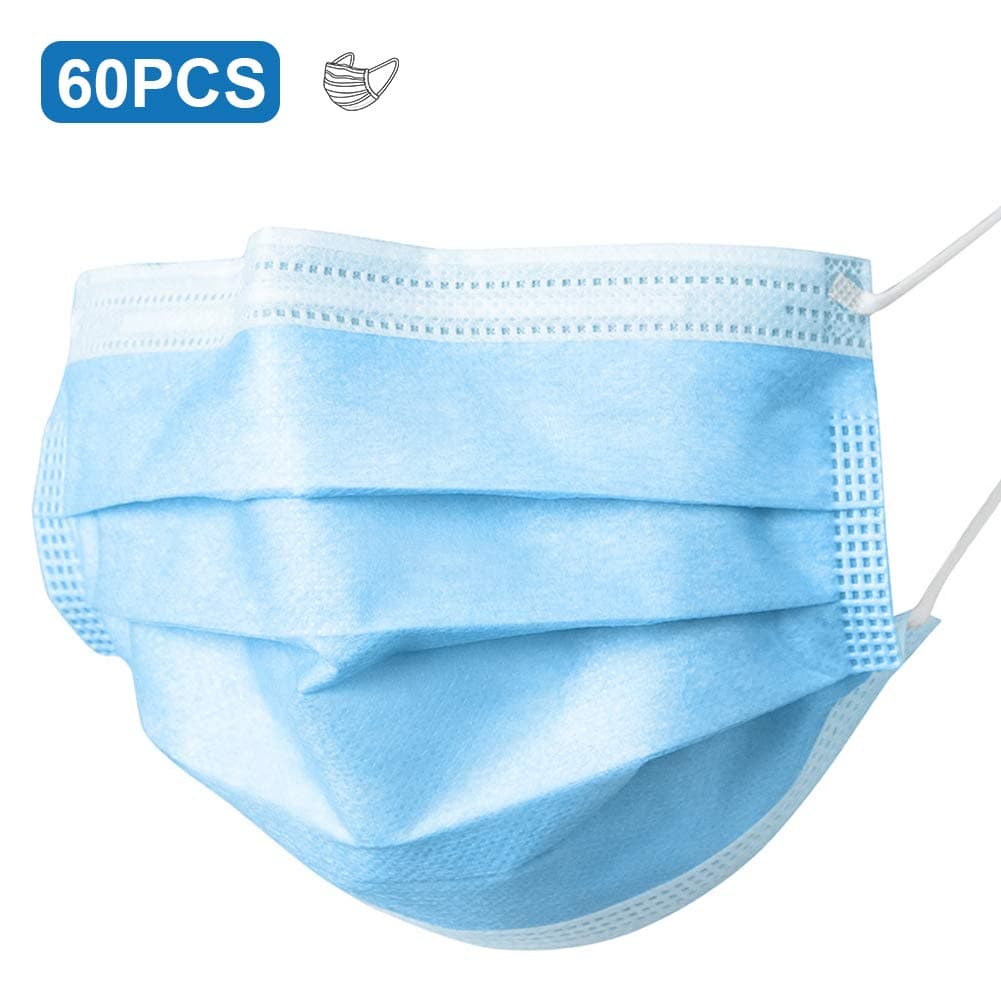 Disposable Thick 3-Ply with Elastic Ear Loop, Breathable Non-Woven Dust Filter, Breathable and Comfortable for Dust, Pollen Allergens (60)