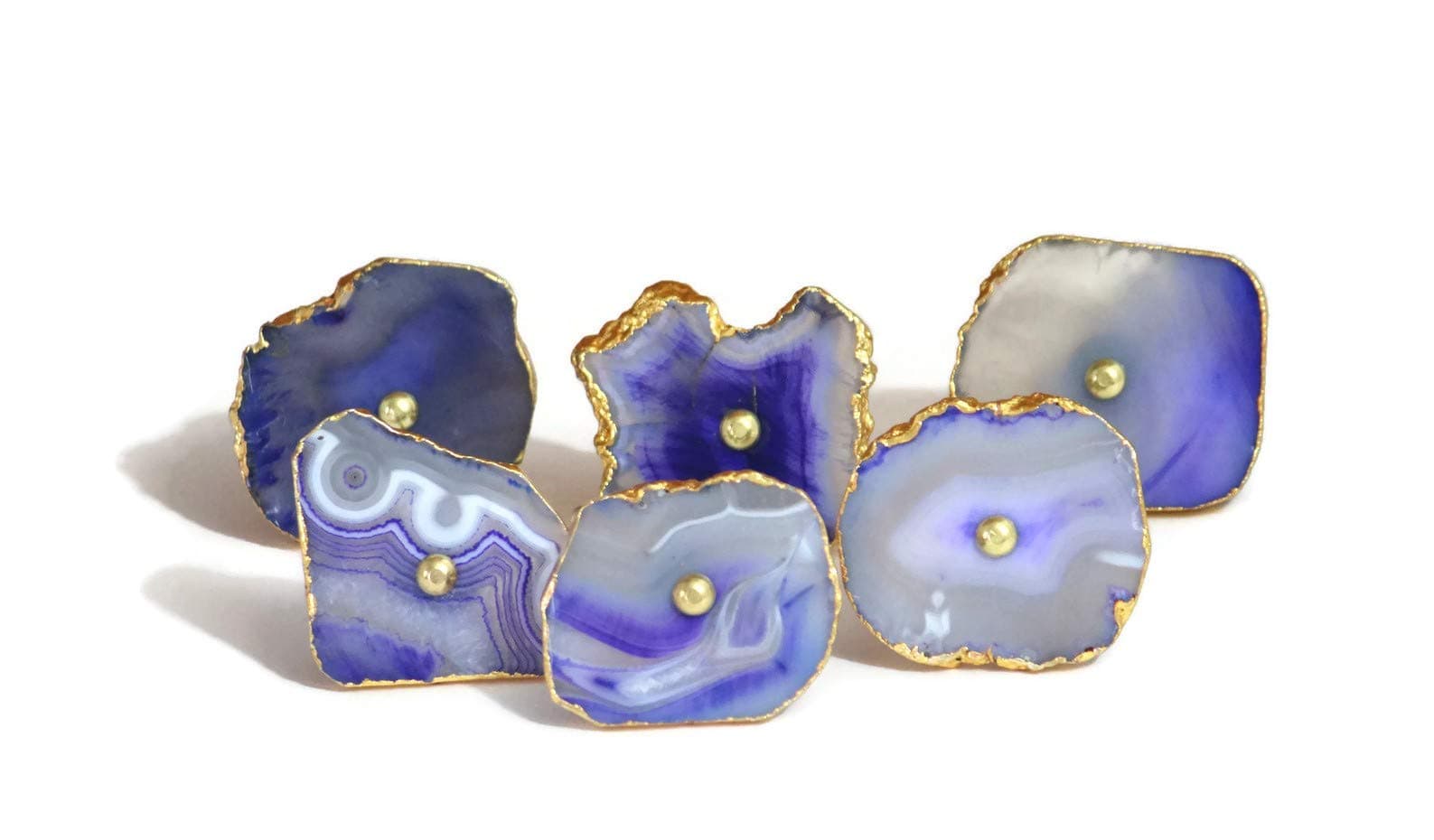 Purple Agate Stone knobs pulls for Cabinet Doors and Drawers (6, Silver Electroplated Borders)