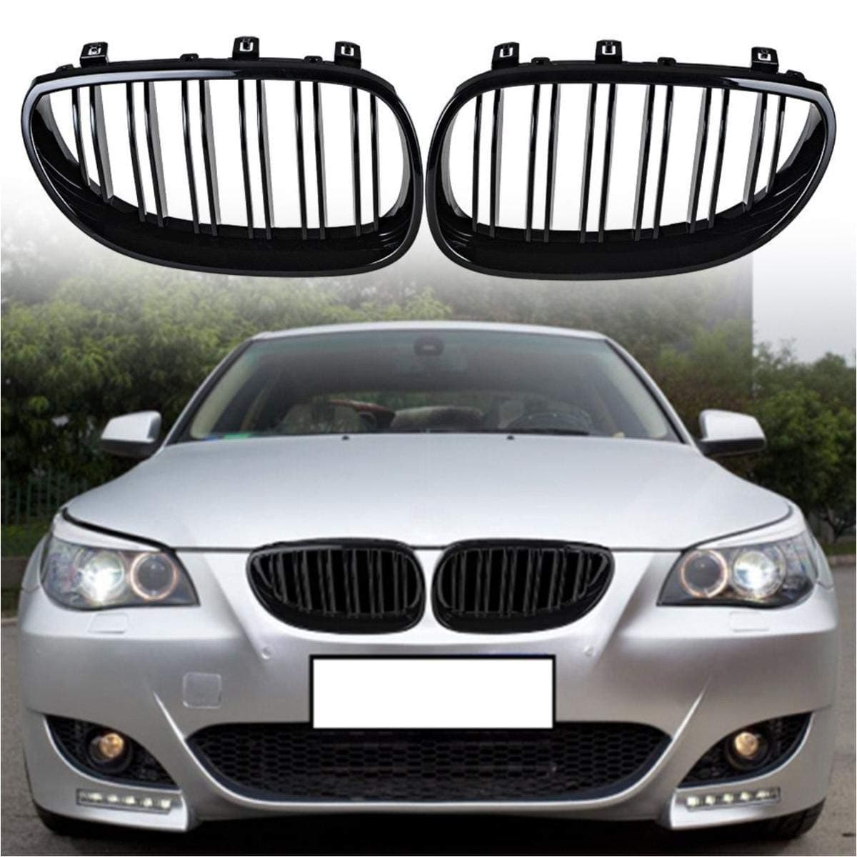 VIOJI 2pcs Compatible with 2003-2009 BMW E60 E61 5-Series Sedan Wagon BMW 525 528 530 535 540 545 550 M5 Glossy Black Kidney Grille Front Bumper Hood ABS Plastic Grille