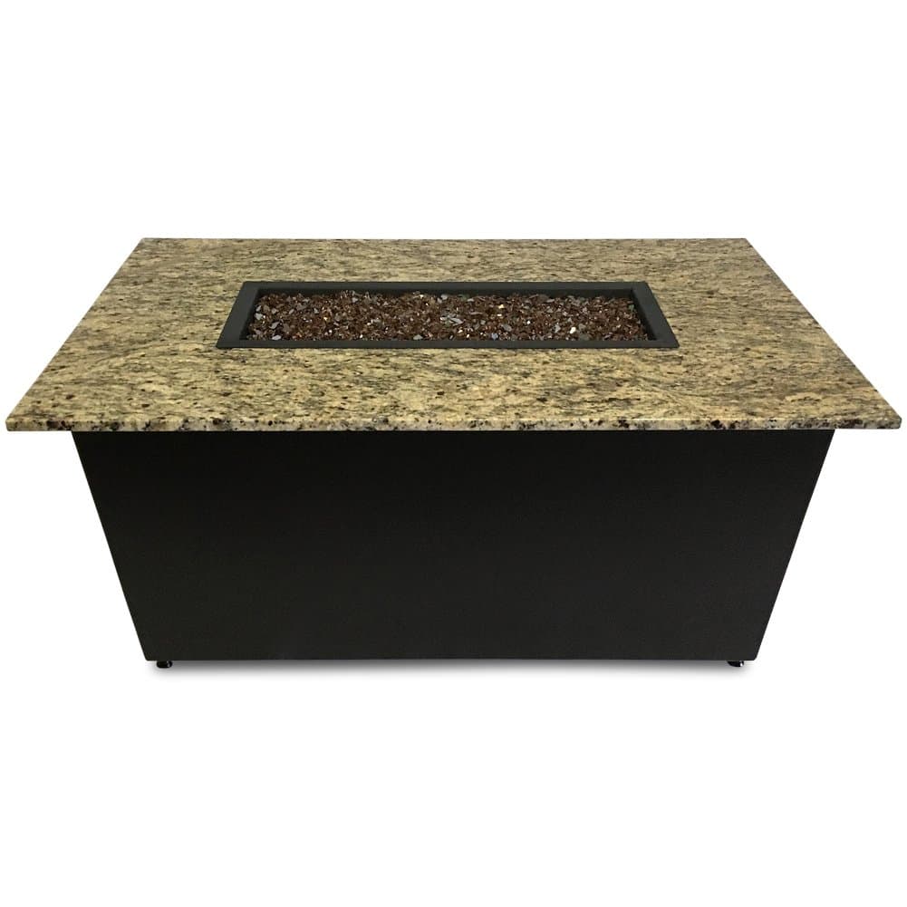 Monaco Fire Pit Table - 32" x 50" Rectangle - Santa Cecilia Granite - Bronze Base Enclosure - Copper Fire Glass - Made in America