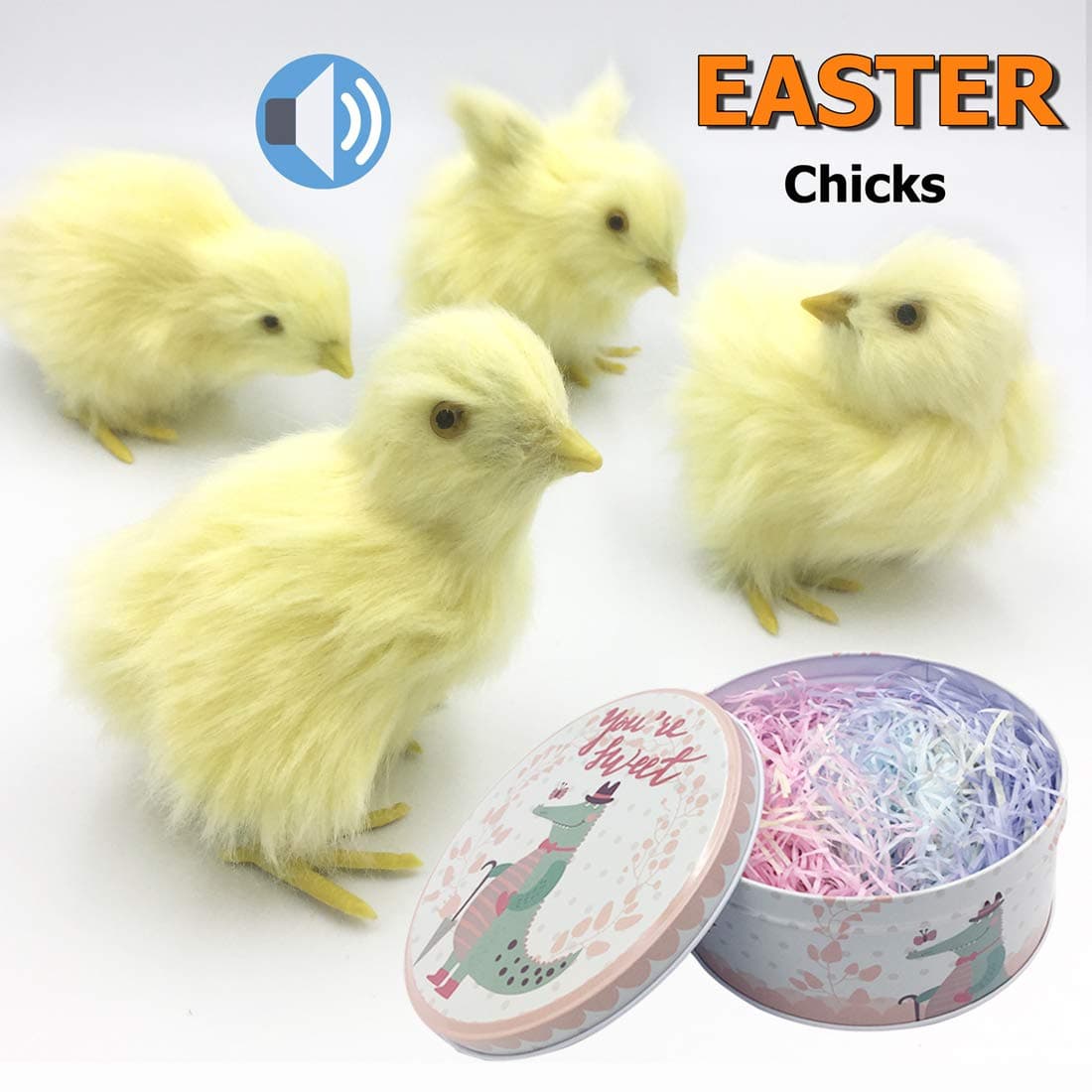 Easter Decorations for Home, 4 Pack Easter Chicks for Easter Basket with Grass, Spring Easter Baby chick for Photography, Baby Shower Kids Newborn Easter Prop,Realistic Chicken with Chrip Iron Storage