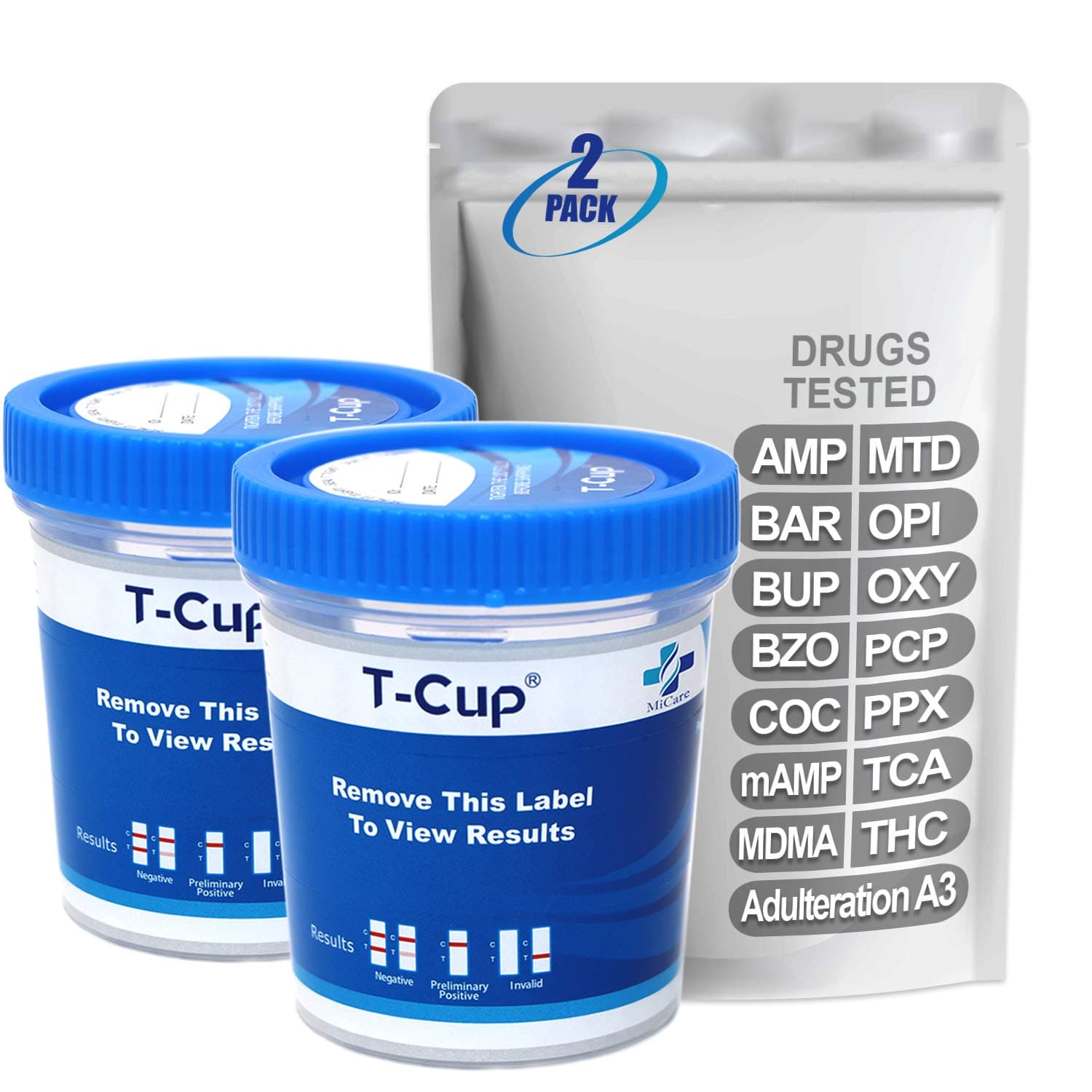 MiCare [2pk] - 14-Panel Multi Drug Test Cup (AMP/BAR/BUP/BZO/COC/mAMP/MDMA/MTD/OPI/OXY/PCP/PPX/TCA/THC with A3) #MI-TDOA-1144A3