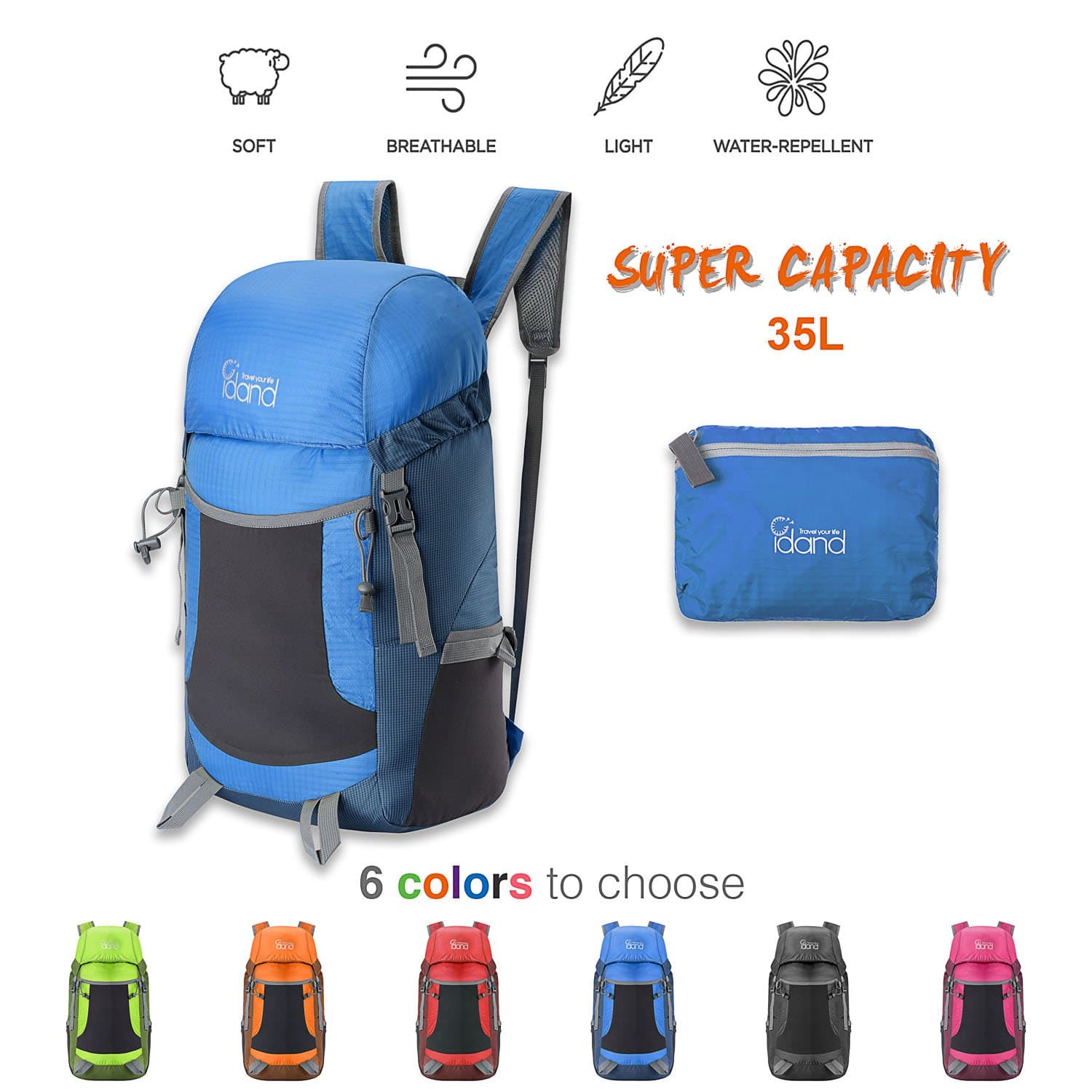 IDAND Most Durable 35L Ultra Lightweight Packable Backpack Water Resistant Daypack