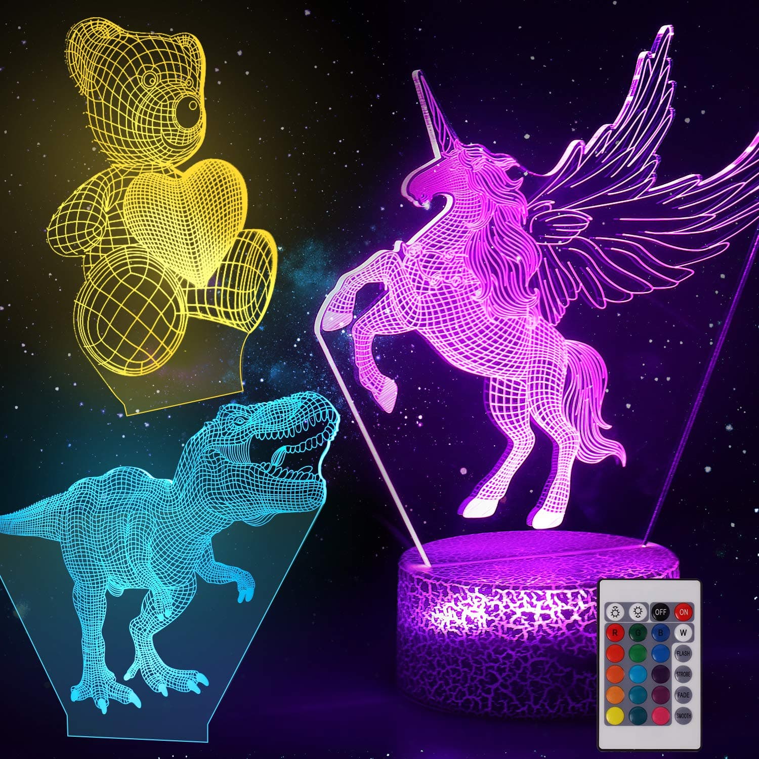 3 pcs Night Light 3D lamp Dinosaur, Bear, Unicorn Pattern - 16 Colors Changing LED Light Touch Switch Illusion USB Lamps with Remote Crackle White Base for Boys and Girls Home Decoration（3 in1)