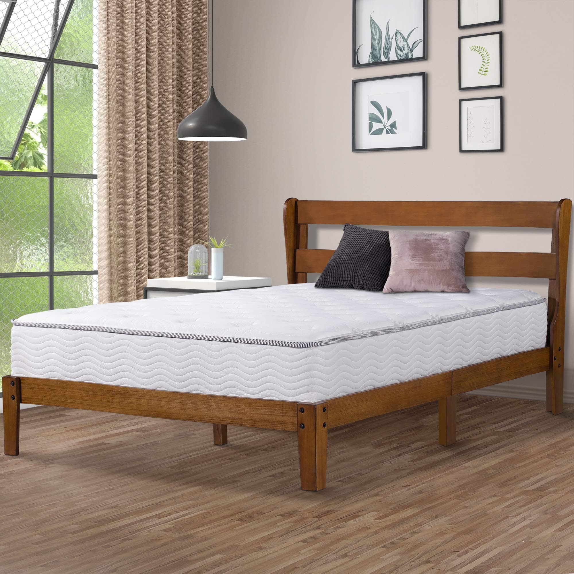 Ecos Living 12 Inch High Rustic Solid Wood Platform Bed Frame with Headboard/No Box Spring/No Squeak (Light Brown, King)
