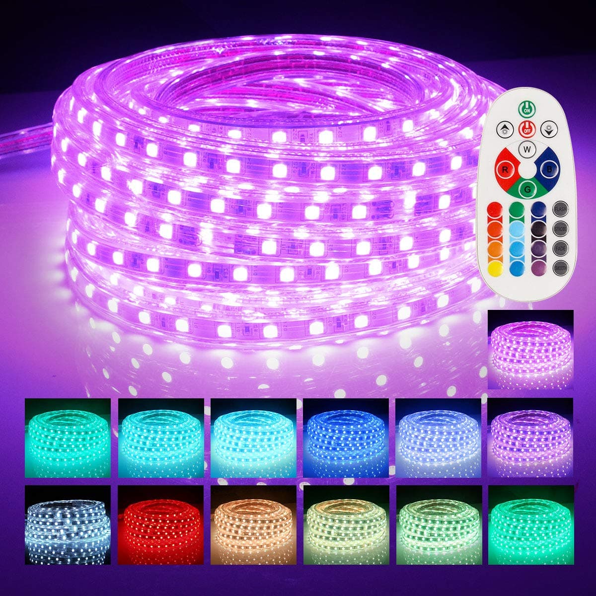 LED Strip Lights, Remote Controller RGB Waterproof Rope Light, Flexible Multi-Color Change LED Strip Rope Wire Light for Party Holiday Home Decoration 5050 SMD 60 LEDs/M 110V 40 FT