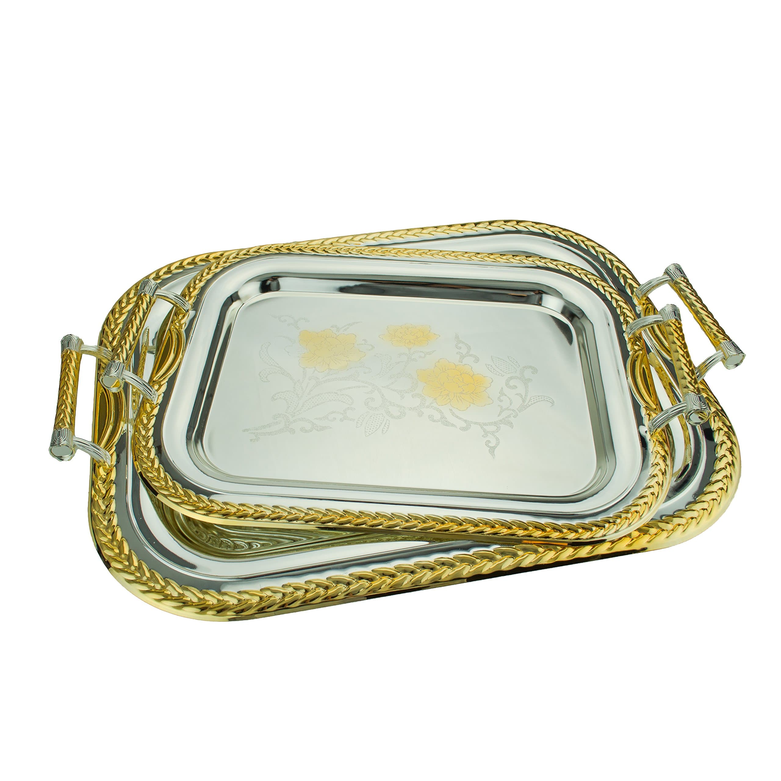 2-Piece Peony Bouquet Rectangle Decorative Serving Tray Set, Silver/Gold