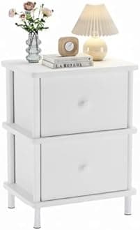 Apicizon Nightstand with 2 Storage Drawers, Boho Side Table with Solid Wood Legs, End Table for Small Spaces, Bedroom, Living Room, Entryway, White+White