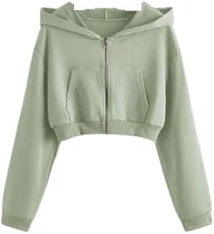 Casual Wear Solid Crop Zipper Jacket Hooded Neck Full Sleeves Hoodie for Women